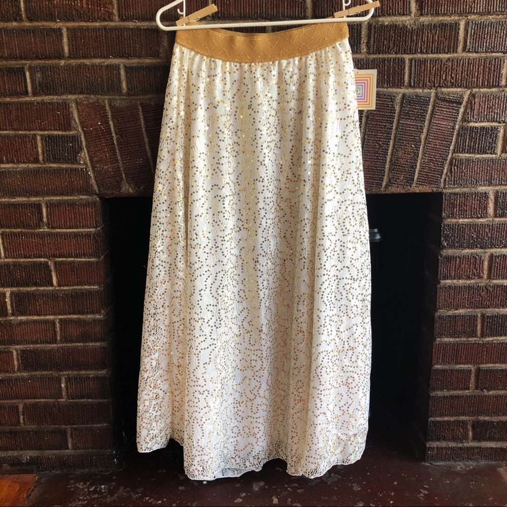 Lularoe White/Gold Sequined Lucy Maxi Skirt S NWT